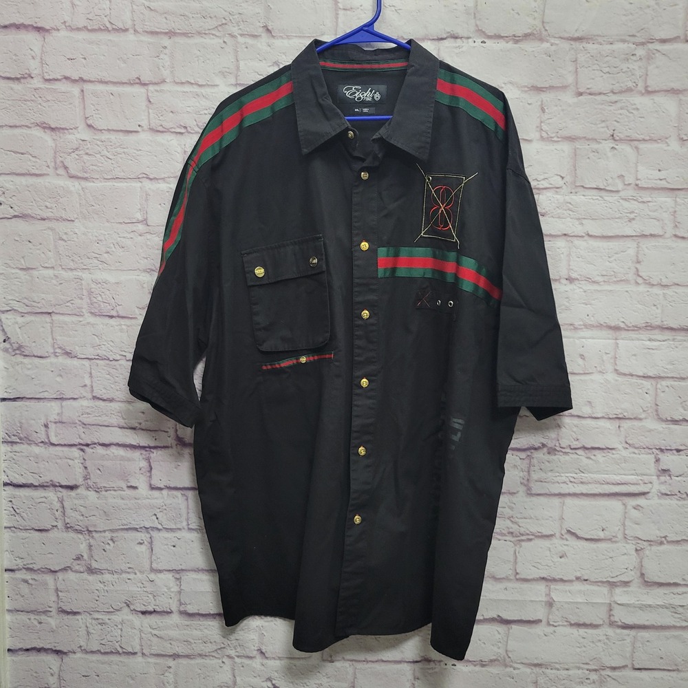 Eight 732‎ Black Button Shirt Men 4XL Logo Streetwear Skater Hiphop Grunge Urban